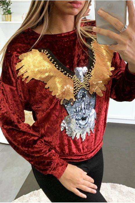 Burgundy velvet sweatshirt with sequin and pearl design - 3