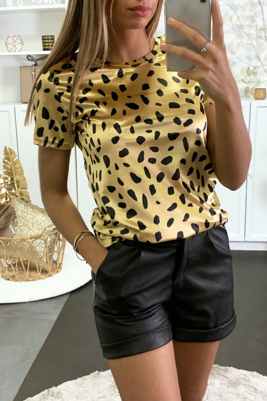 T-shirt en velours doré et noir motif léopard - 1