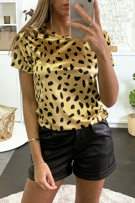 T-shirt en velours doré et noir motif léopard