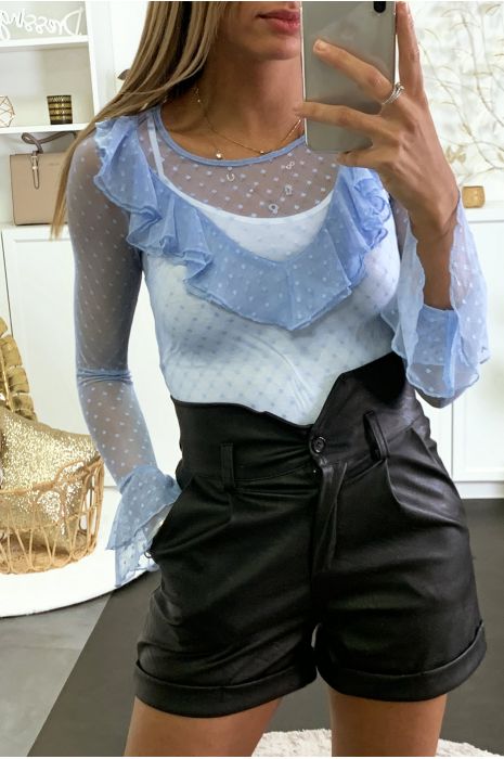 Turquoise mesh top met stippenpatroon en ruches - 1