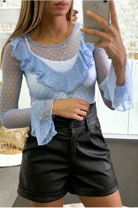 Turquoise mesh top met stippenpatroon en ruches - 2