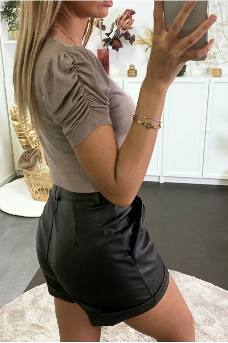 Mini gilet taupe manches courte et froncée - 3