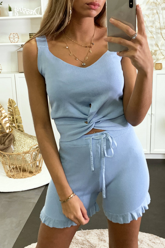 Turquoise Stretch Knit Shorts and Tank Set - 3