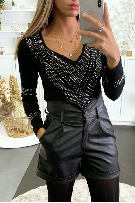 Top noir en col V ornée de strass argenté - 1