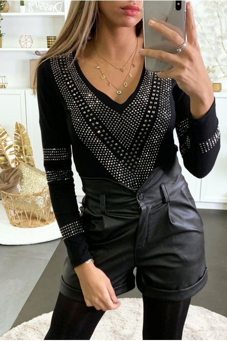 Top noir en col V ornée de strass argenté - 2