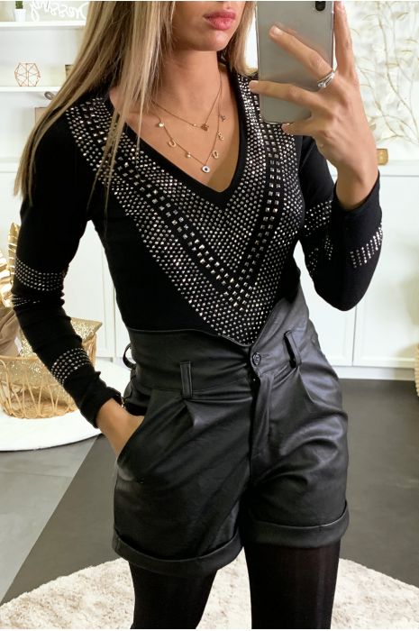 Top noir en col V ornée de strass argenté - 3