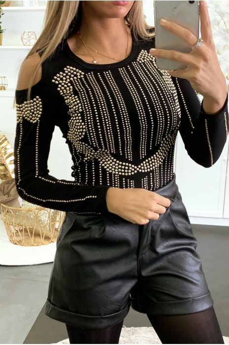 Haut noir épaules dénudé ornée de strass doré à l'avant - 1