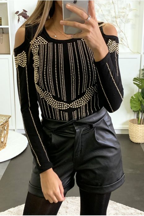 Haut noir épaules dénudé ornée de strass doré à l'avant - 2