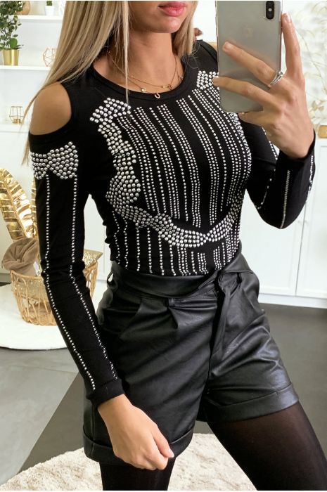 Haut noir épaules dénudé ornée de strass argenté à l'avant - 3