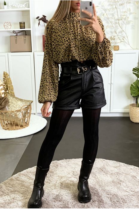 Blouse camel à motif léopard doublé avec élastique à la taille - 1