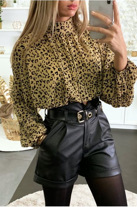 Blouse camel à motif léopard doublé avec élastique à la taille - 2