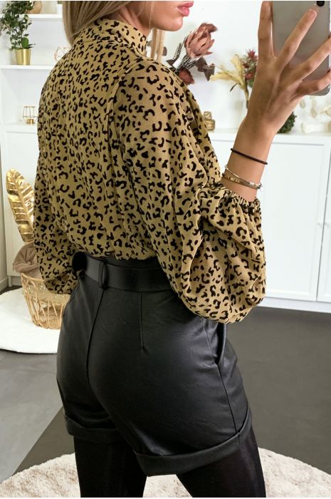 Blouse camel à motif léopard doublé avec élastique à la taille - 4