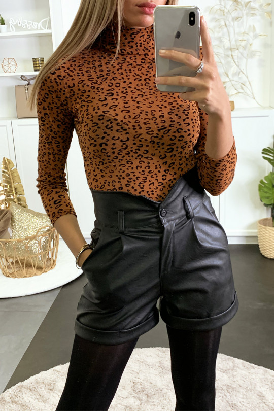 Body en résille cognac brillant avec motif léopard en velours - 1