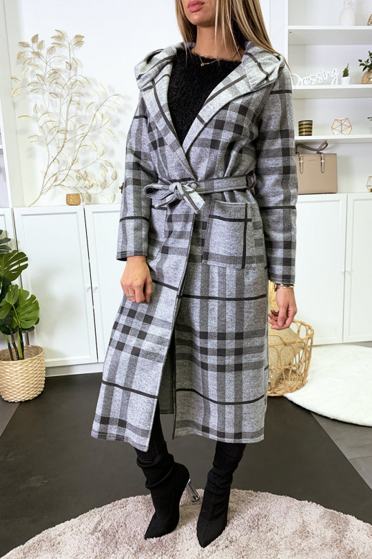 Long manteau à carreaux gris et noir avec capuche poches et ceinture - 1