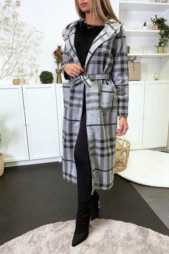 Long manteau à carreaux gris et noir avec capuche poches et ceinture - 3