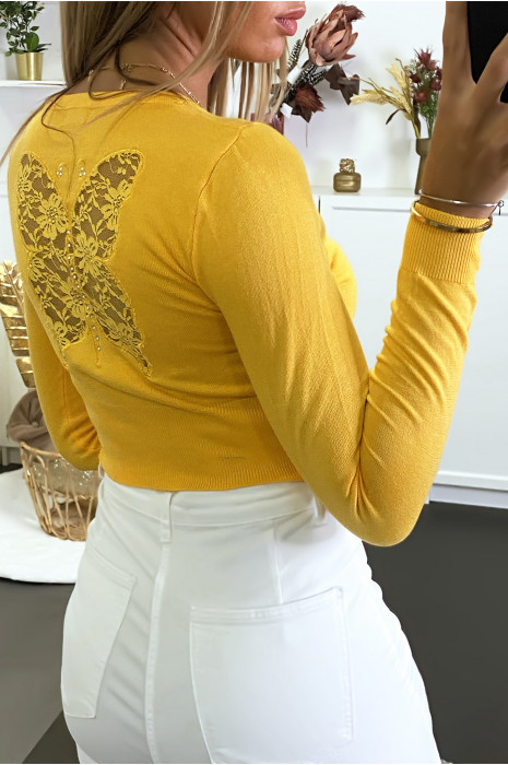 Kort mosterd vest met kantpatroon op de rug - 3