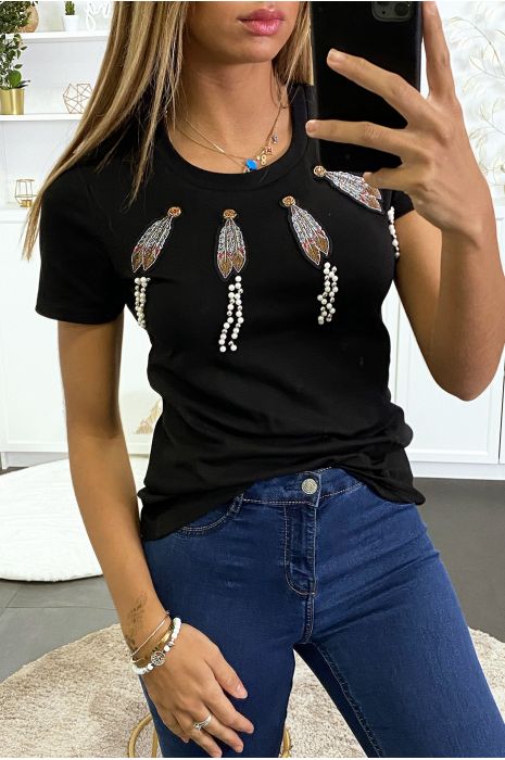 Top noir à dessins plume et pluie de perles - 2
