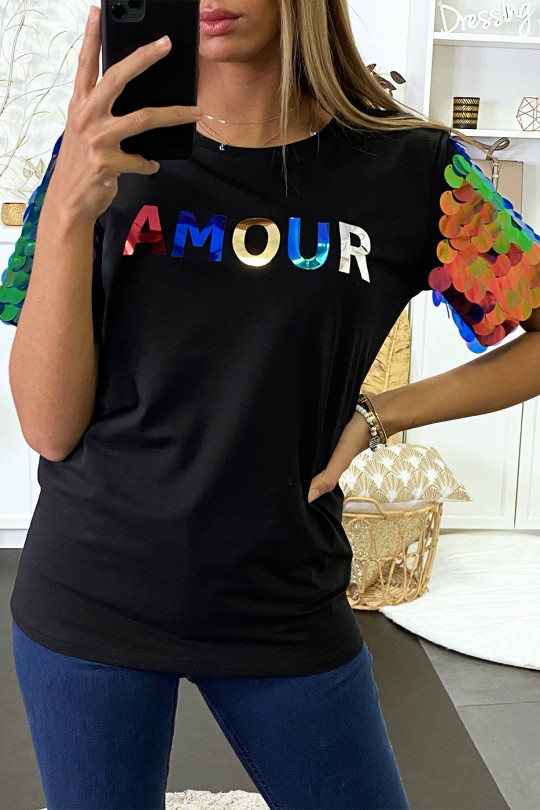 Black T-BZirt with AMOUR writing and sequins on the sleeves - 3