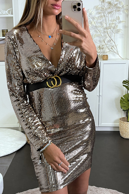 RoGR evening wrap in gold sequin crossed at the bust with belt - 9