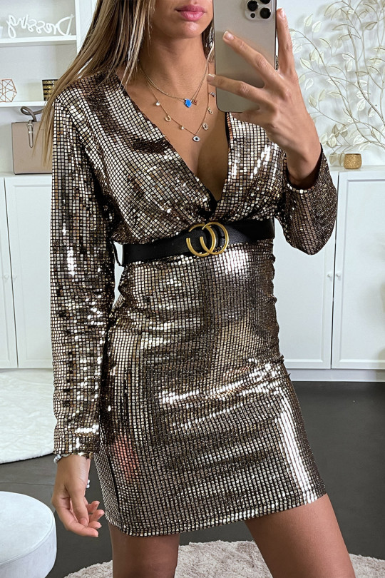 RoGR evening wrap in gold sequin crossed at the bust with belt - 8