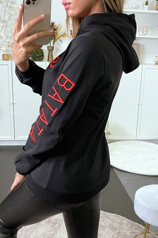 black sweatshirt with red writing