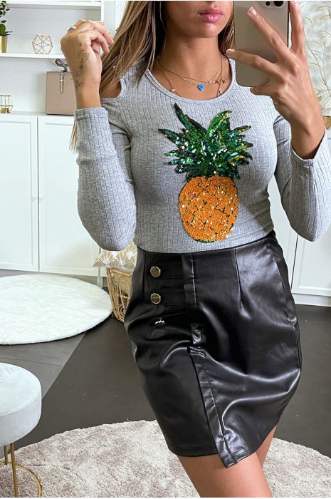 Pull gris côtelé à motif ananas en sequin. - 3