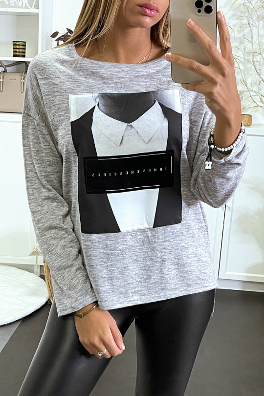 Heather gray sweater with a man's shirt image. - 1