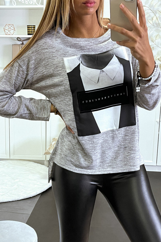 Heather gray sweater with a man's shirt image. - 2
