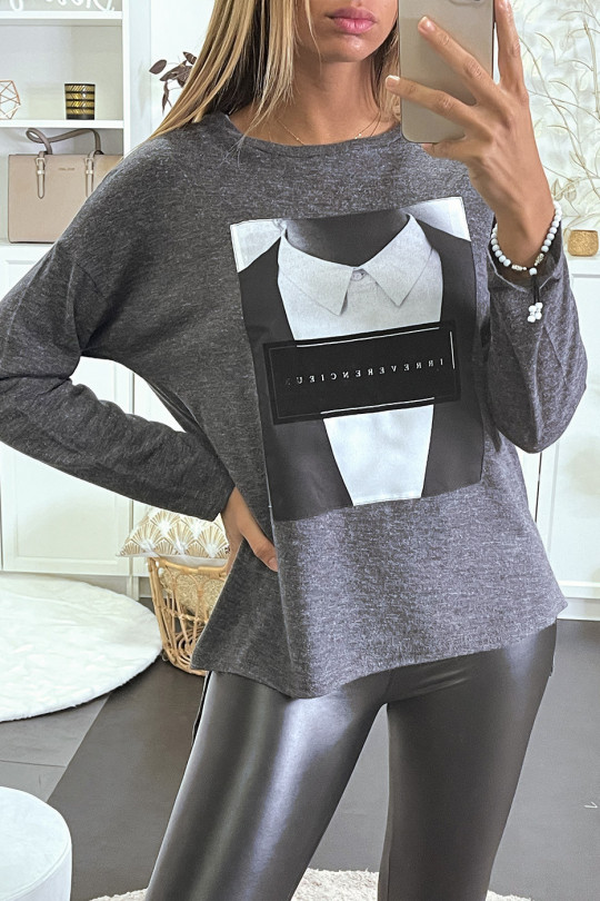 Heather anthracite sweater with a man's shirt image. - 1