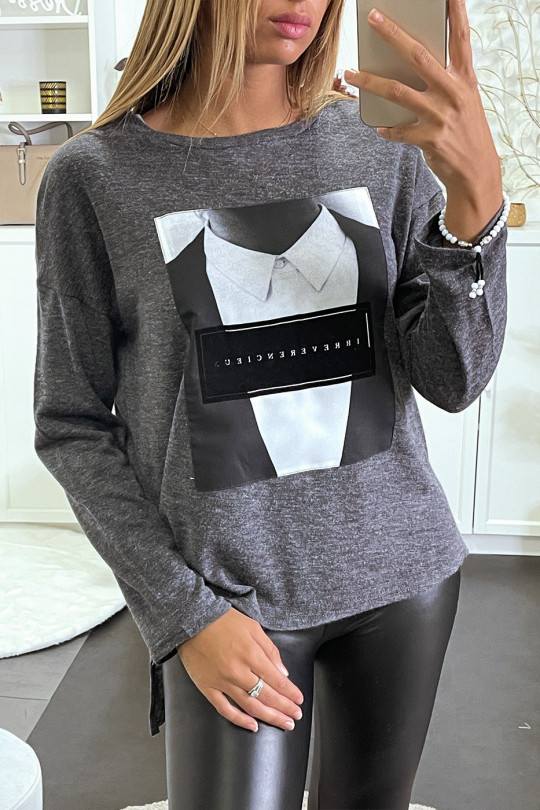 Heather anthracite sweater with a man's shirt image. - 2
