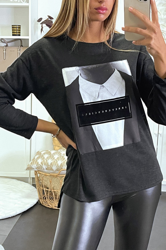 Heather black sweater with a man's shirt image. - 1