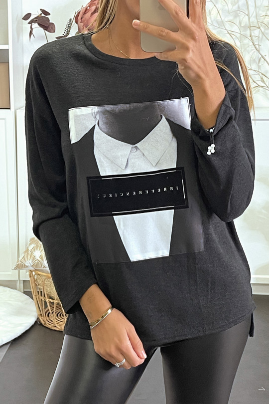 Heather black sweater with a man's shirt image. - 2