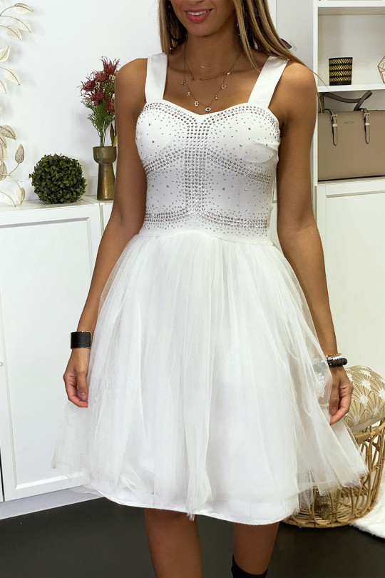 White strappy dress with rhinestones and flared tulle - 1