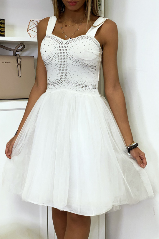 Witte strappy jurk met strass steentjes en wijd uitlopende tule - 3