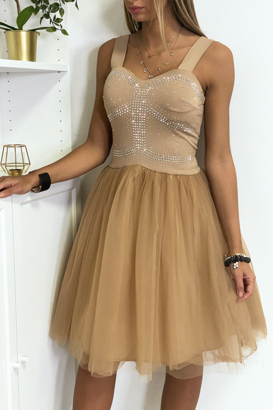 Camel strap dress with rhinestones and flared tulle - 5