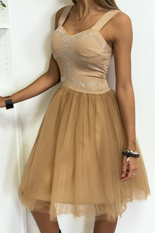 Camel strap dress with rhinestones and flared tulle - 6