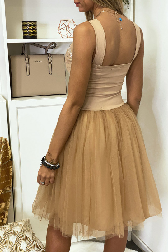 Camel strap dress with rhinestones and flared tulle - 7