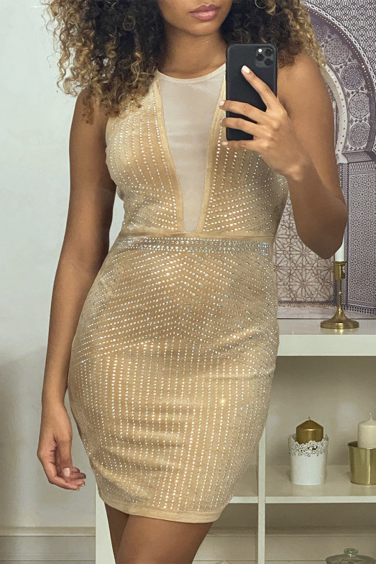 Beige velvet cocktail dress with rhinestones all over the front and lace. - 5