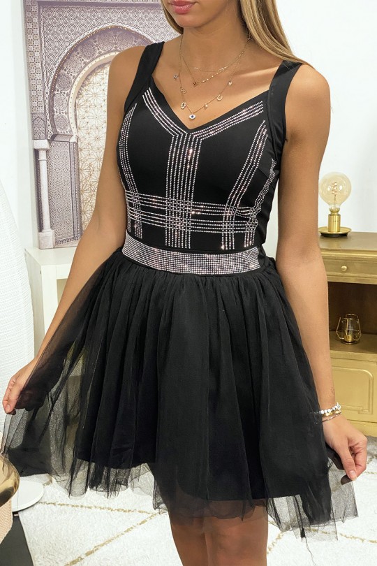 Zwarte jurk met strass steentjes en uitlopende tule - 3