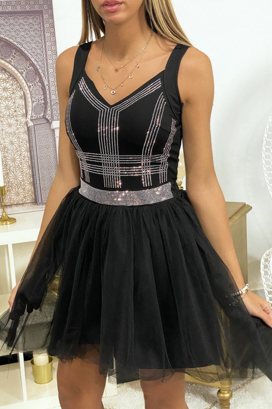 Zwarte jurk met strass steentjes en uitlopende tule - 7