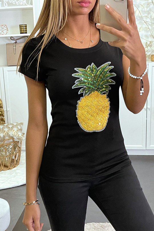 Zwart t-shirt met ananaspatroon in pailletten - 2