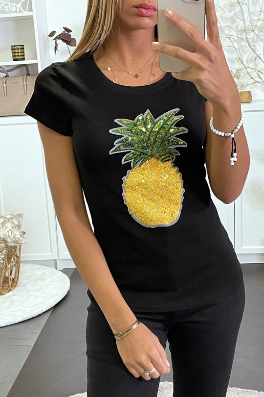 Zwart t-shirt met ananaspatroon in pailletten - 3