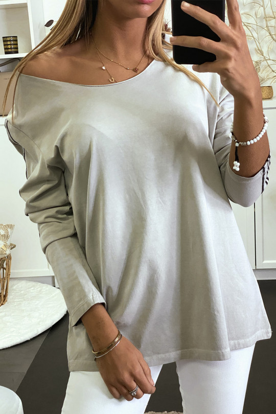 Simple gray long sleeve top with tricolor bands - 1