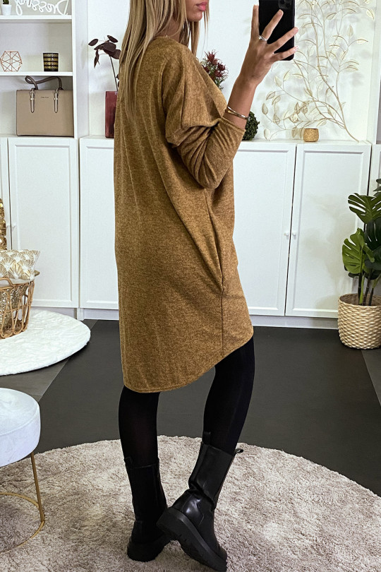 Robe pull moutarde chiné avec poche - 4