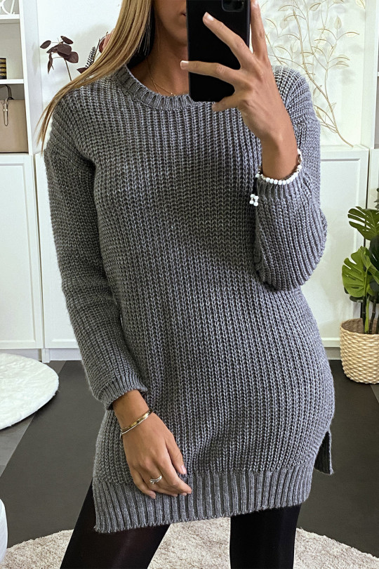 Pull tunique anthracite à maille torsadée et dos nu. - 2