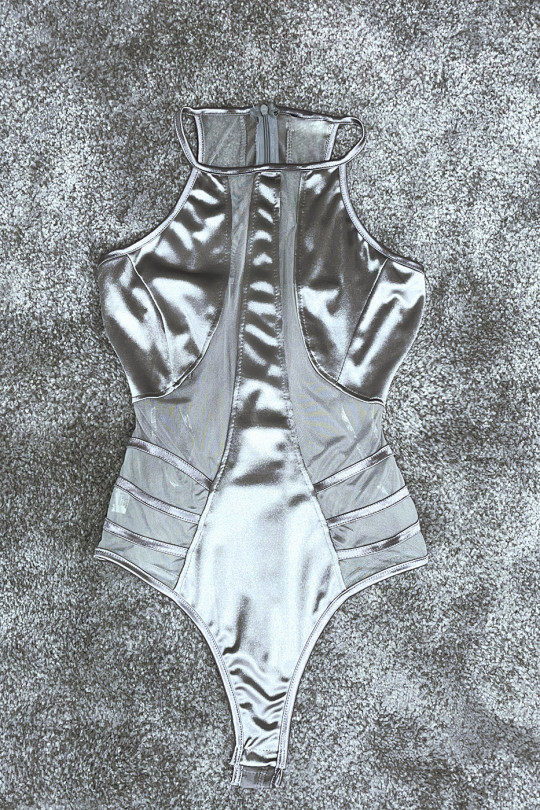 Body gris en satin et semi transparent - 1