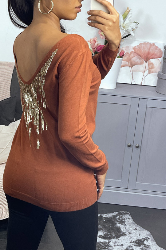Cognac viscose sweater with sequin pattern on the back - 1