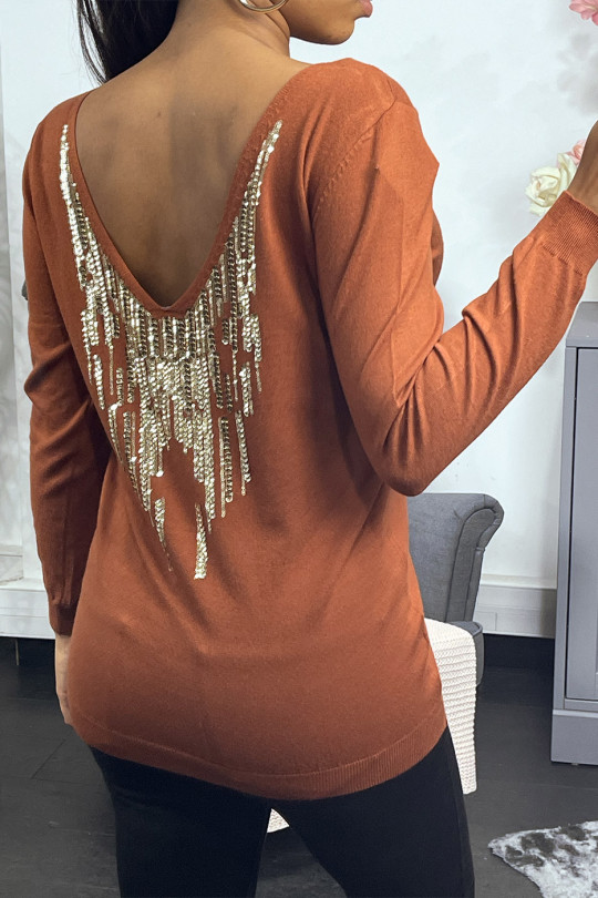 Cognac viscose sweater with sequin pattern on the back - 3