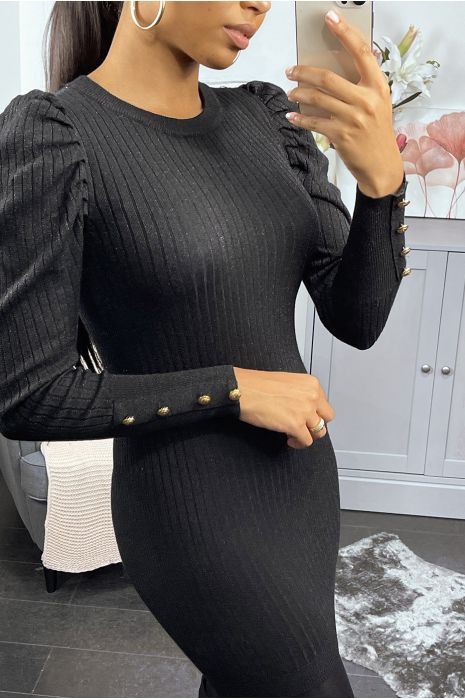 Robe pull noir cotelé à manches bouffantes - 1
