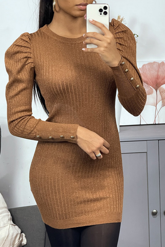 Camel ribbed sweater dress with puffed sleeves - 1